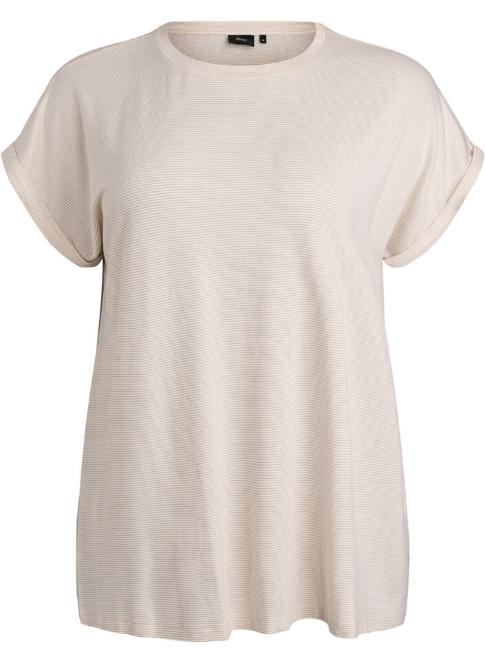 T-shirt i viskose med glimmerstriber, Vanilla, Packshot image number 0