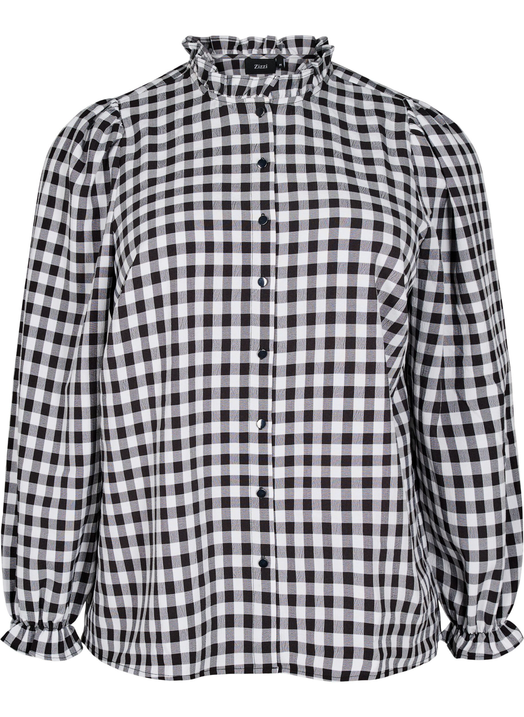 Zizzi Ternet skjortebluse med fl&aelig;sedetaljer, Black/W. Gingham, Packshot image number 0