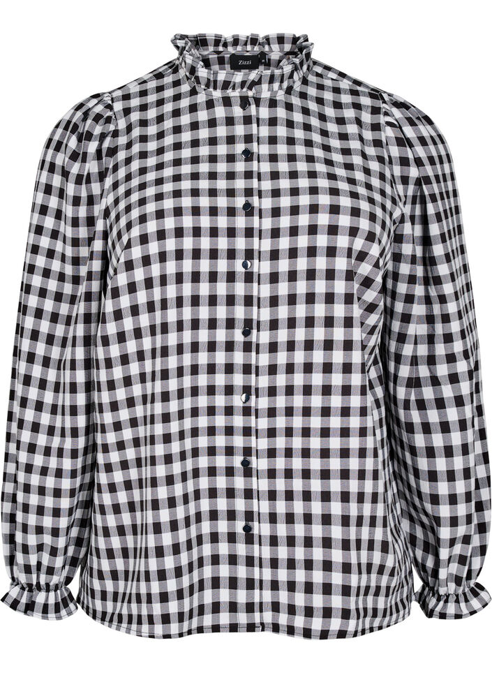 Ternet skjortebluse med flæsedetaljer, Black/W. Gingham, Packshot image number 0