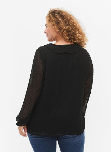 Bluse med flæser og prikket tekstur, Black, Model image number 1