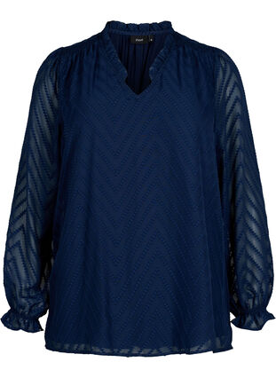 Bluse med lange ærmer og flæsedetaljer, Navy Blazer, Packshot image number 0