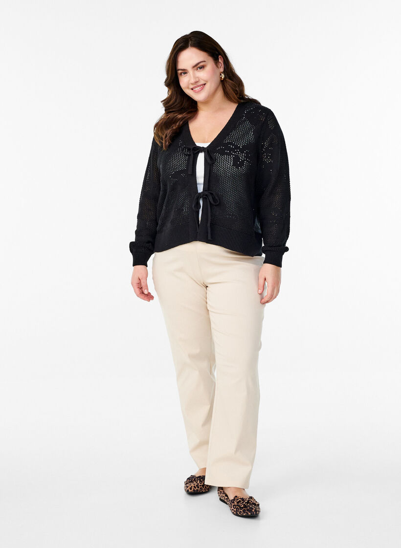 Strikket cardigan med hulmønster og bindebånd, Black, Model image number 2