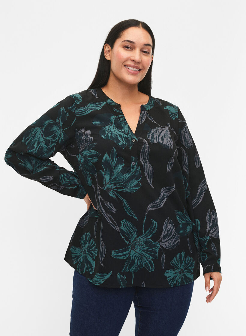 FLASH - Lang&aelig;rmet bluse med print, Black Scarab Flower, Model image number 0