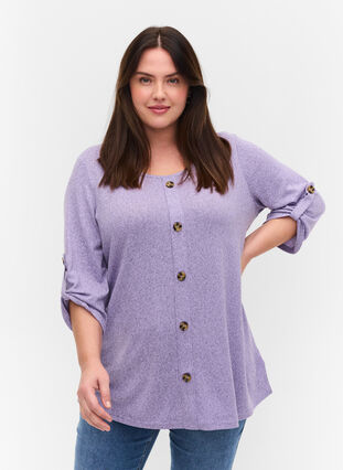 Bluse med knapper og 3/4 ærmer, Purple Melange, Model image number 0