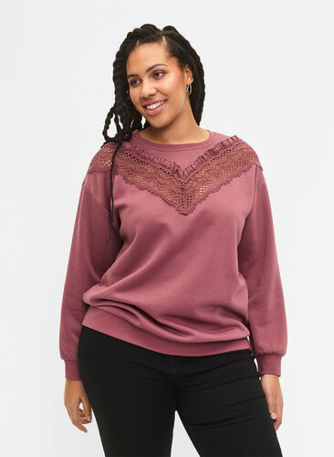 Sweatshirt med flæse og crochet detalje, Rose Brown, Model image number 0