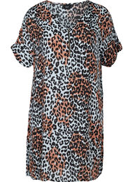 Kortærmet viskose kjole i farvet leopard print, Blue Leo AOP