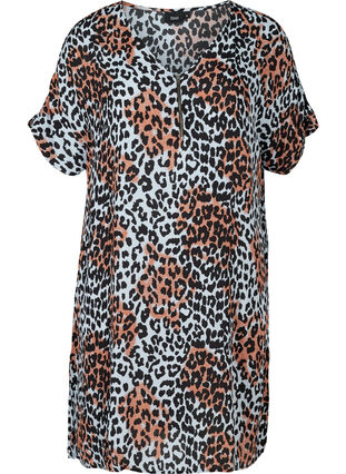 Kortærmet viskose kjole i farvet leopard print, Blue Leo AOP, Packshot image number 0