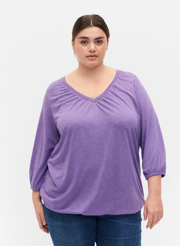 Meleret bluse med v-udskæring, Deep Lavender Mél, Model image number 0