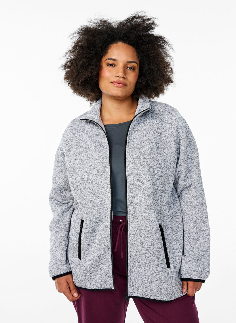 Jersey cardigan med h&oslash;j krave og lynl&aring;s, Gr&aring;, Model image number 0