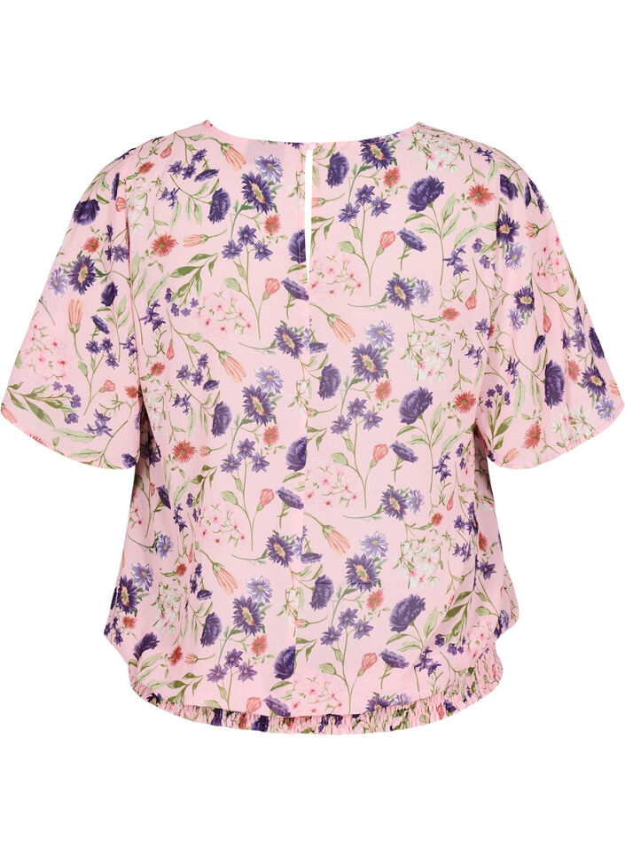 Blomstret bluse med korte &aelig;rmer og smock, Lyser&oslash;d, Packshot image number 1