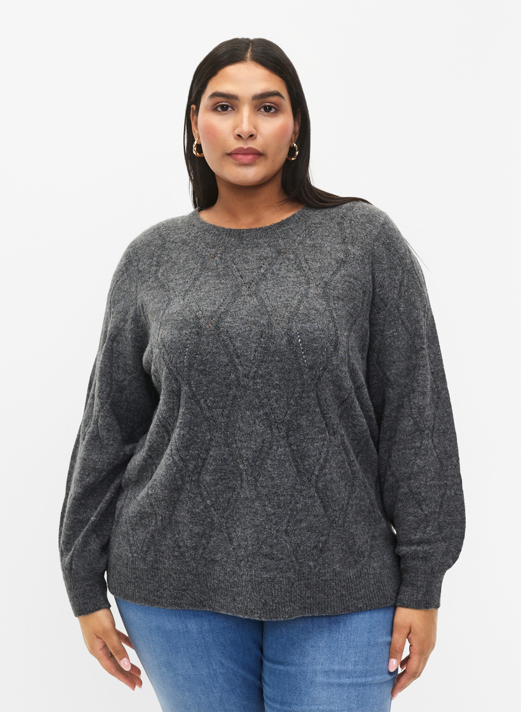 Zizzi Strikbluse med hulm&oslash;nster, Dark Grey Melange, Model image number 0