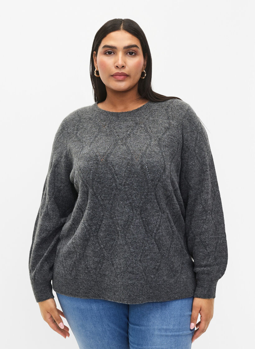 Strikbluse med hulmønster, Dark Grey Melange, Model image number 0