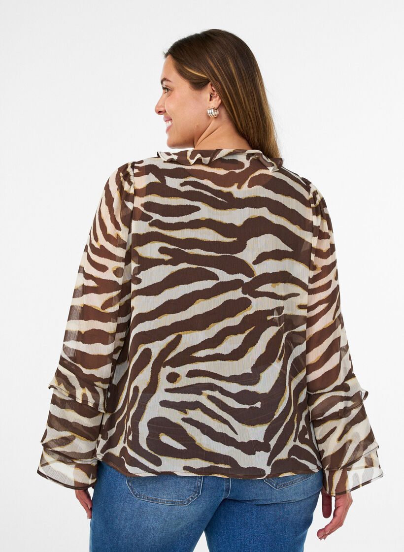 Chiffonbluse med zebram&oslash;nster og fl&aelig;ser, Brun, Model image number 2