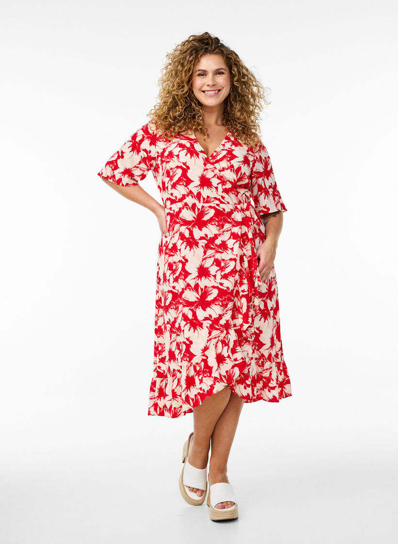Printet wrapkjole med korte ærmer, Rød, Model image number 0
