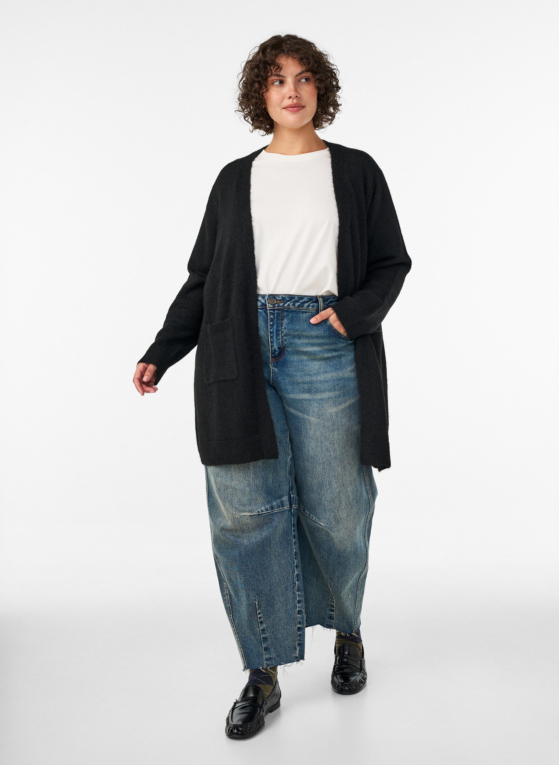 ZizziLang cardigan med lommer, Sort, Model image number 1
