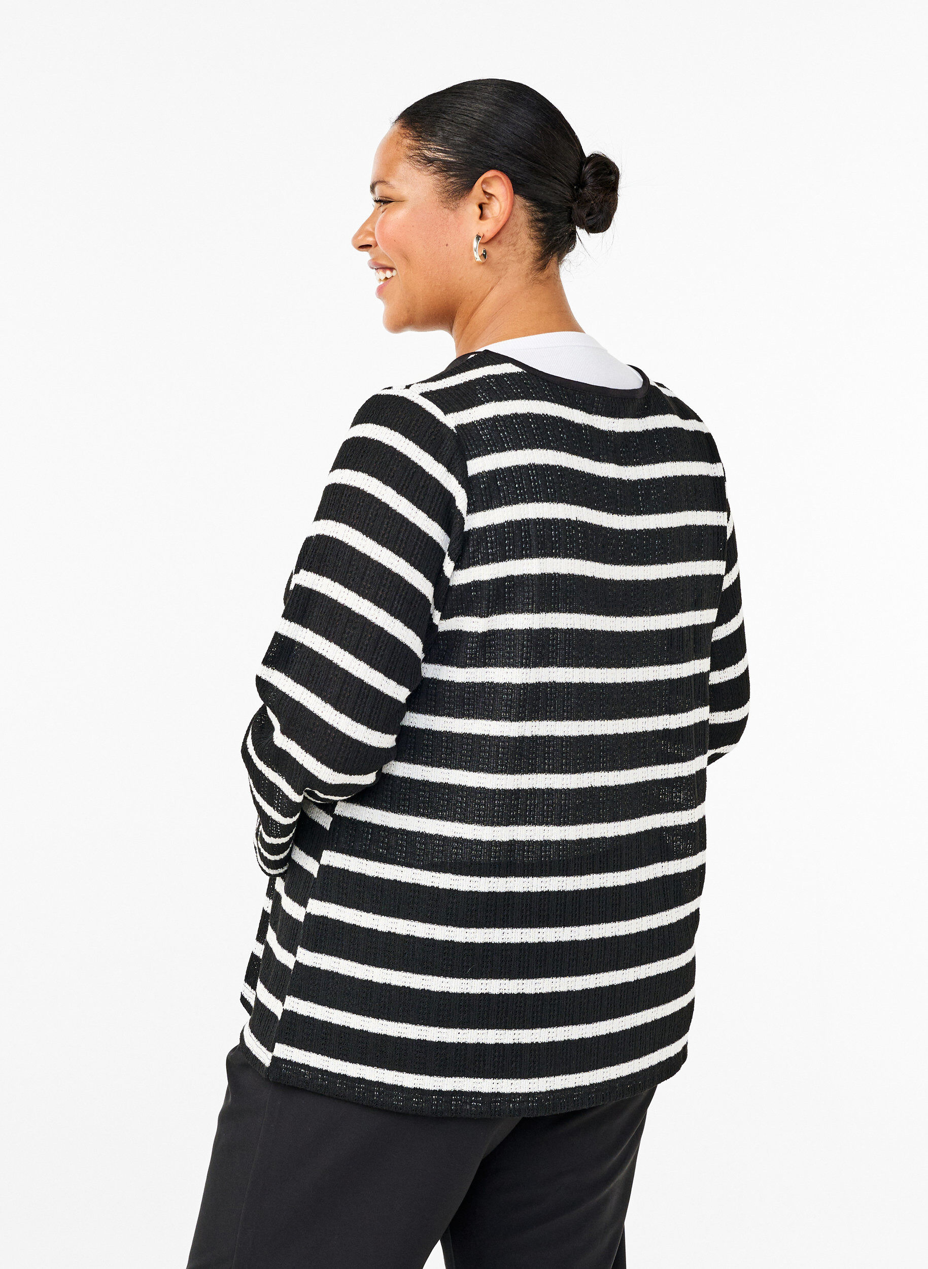 Zizzi Cardigan med bindeb&aring;nd, Black White stripe, Model image number 1