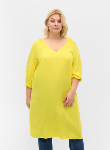 Viskose kjole med v-udskæring, Blazing Yellow, Model image number 0