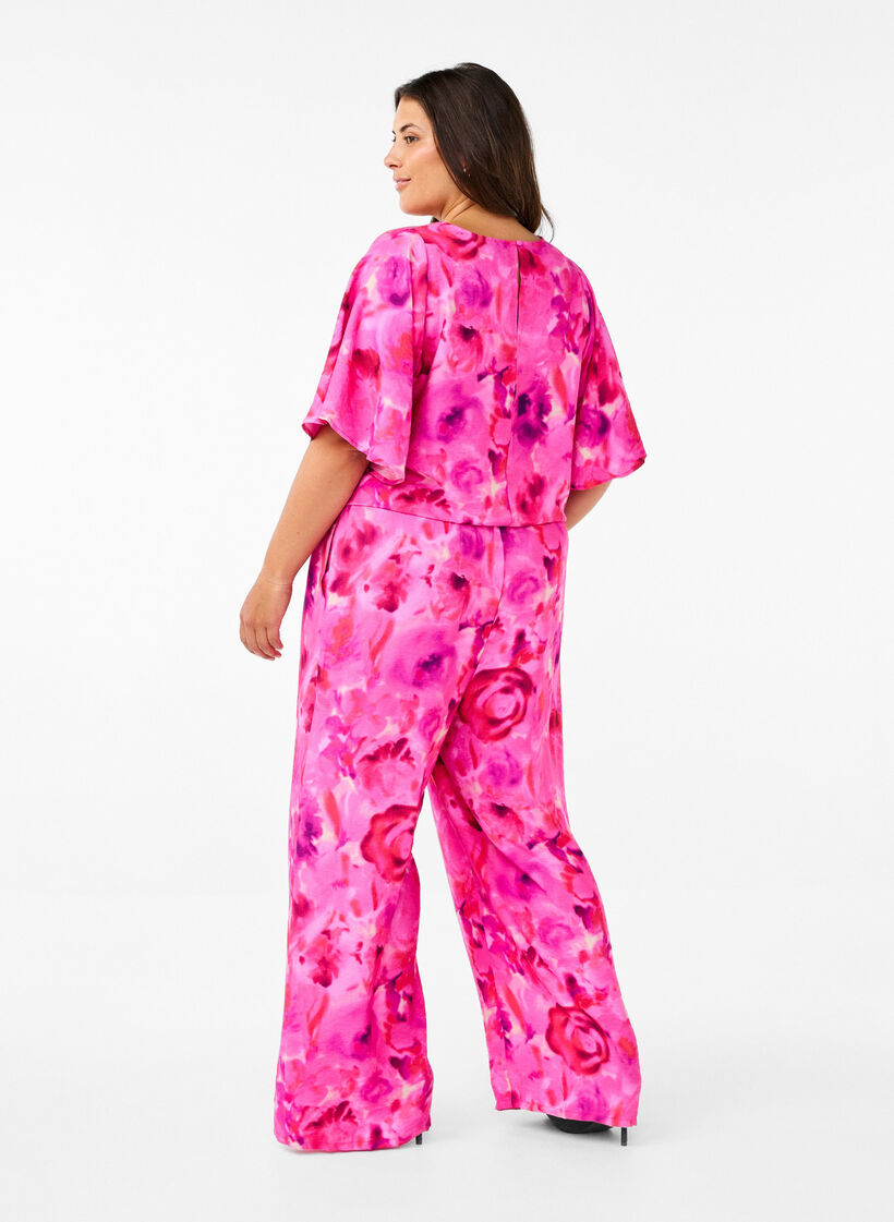 Blomstret jumpsuit med flagermusærmer, Pink Rose AOP, Model image number 1