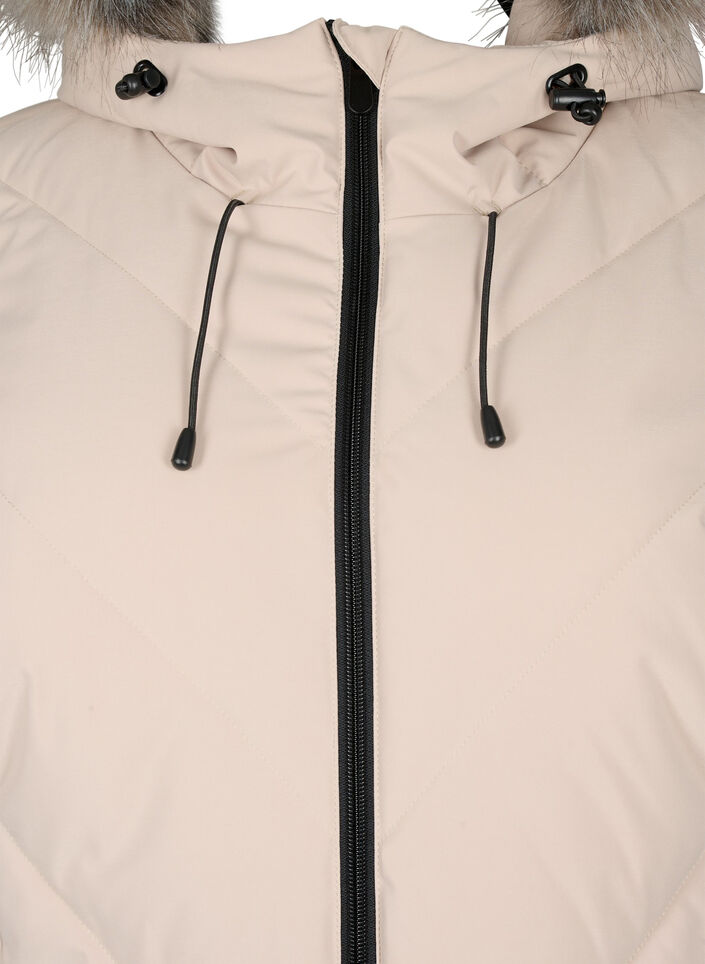 Lang vinterjakke med h&aelig;tte og imiteret pelskrave, Beige, Packshot image number 2