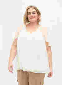 Ensfarvet bluse med flagermusærmer og v-hals, Warm Off-white, Model