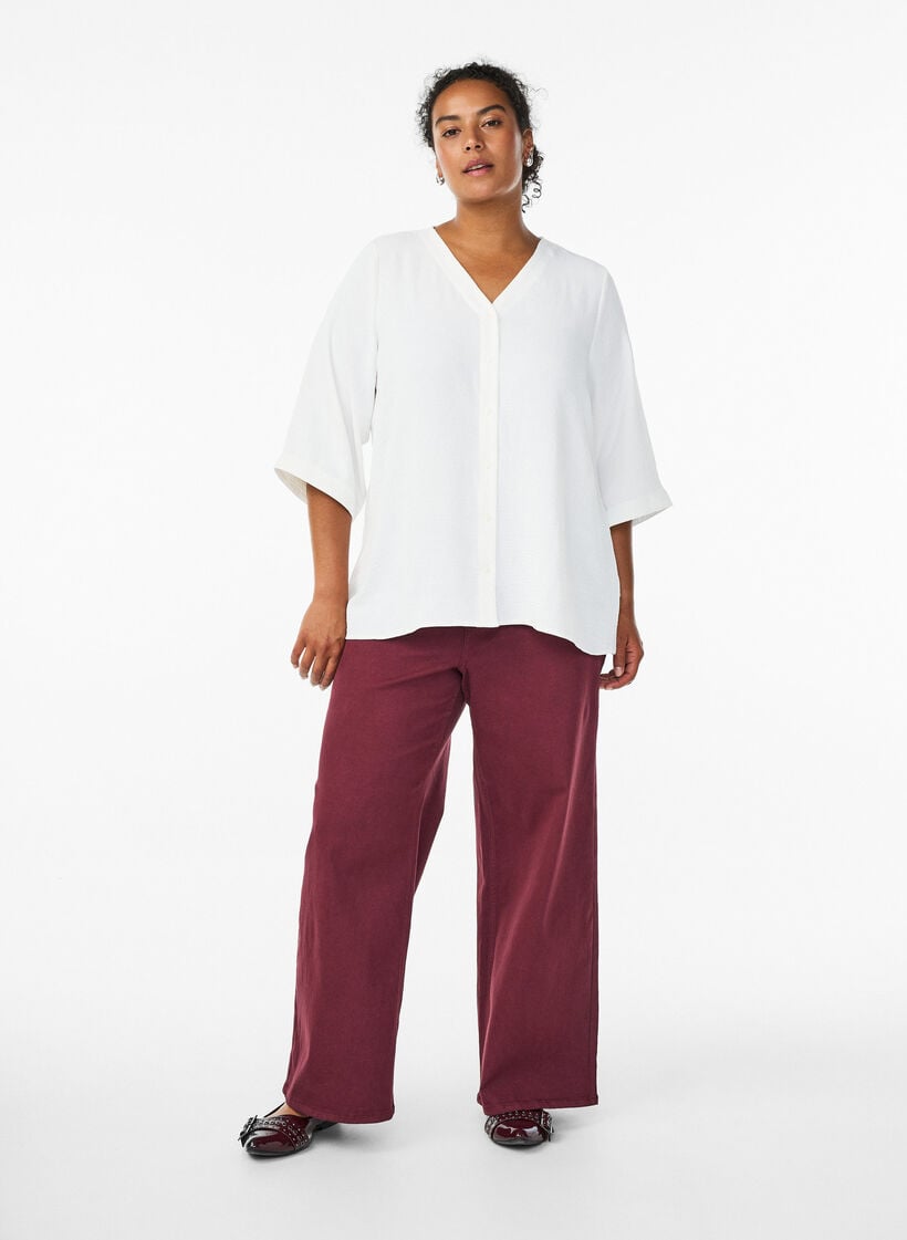 Skjortebluse med V-udsk&aelig;ring og 3/4-&aelig;rmer, Vanilla, Model image number 1