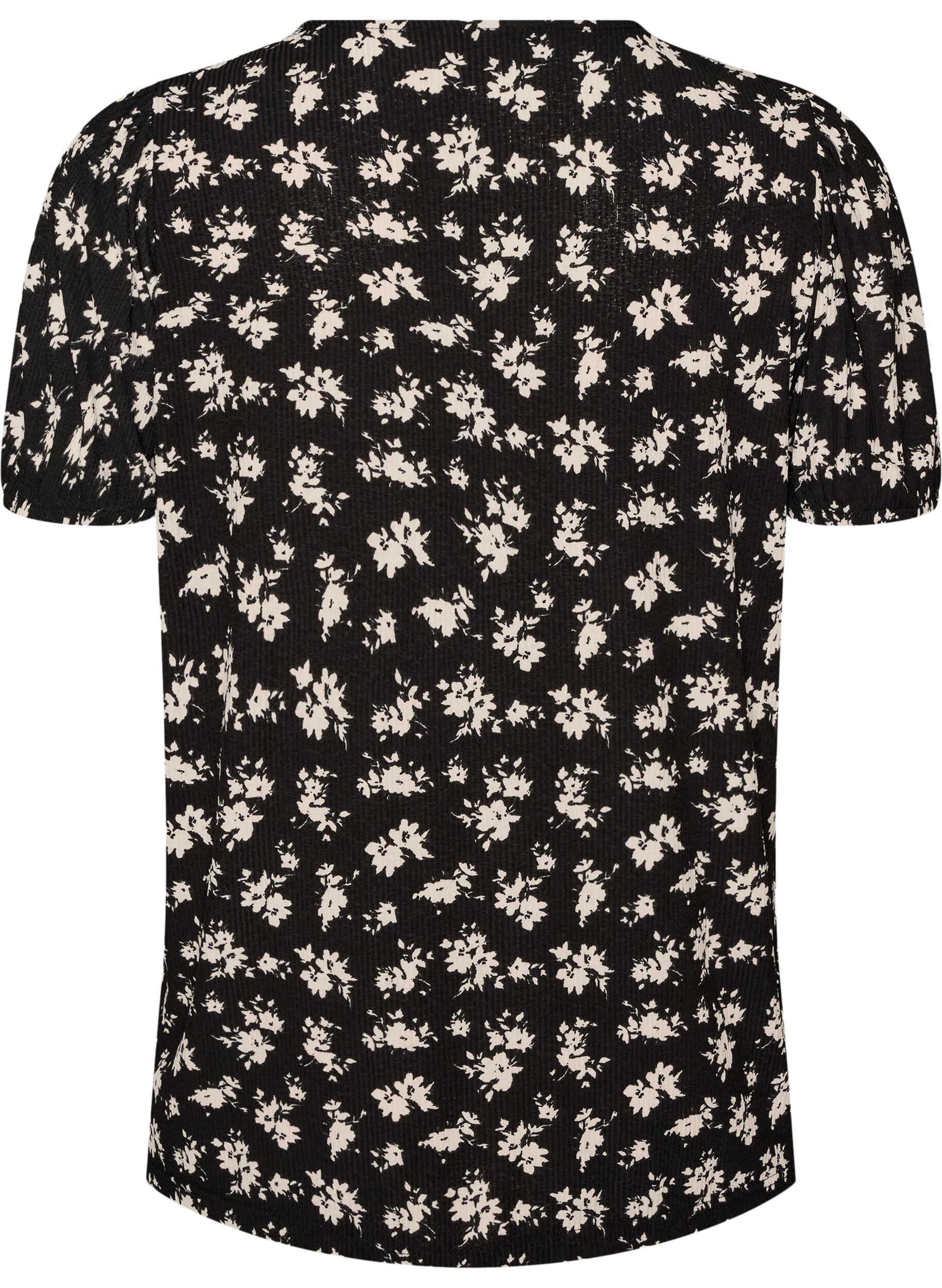 ZizziBluse med korte &aelig;rmer og blomsterprint, Sort, Packshot image number 1