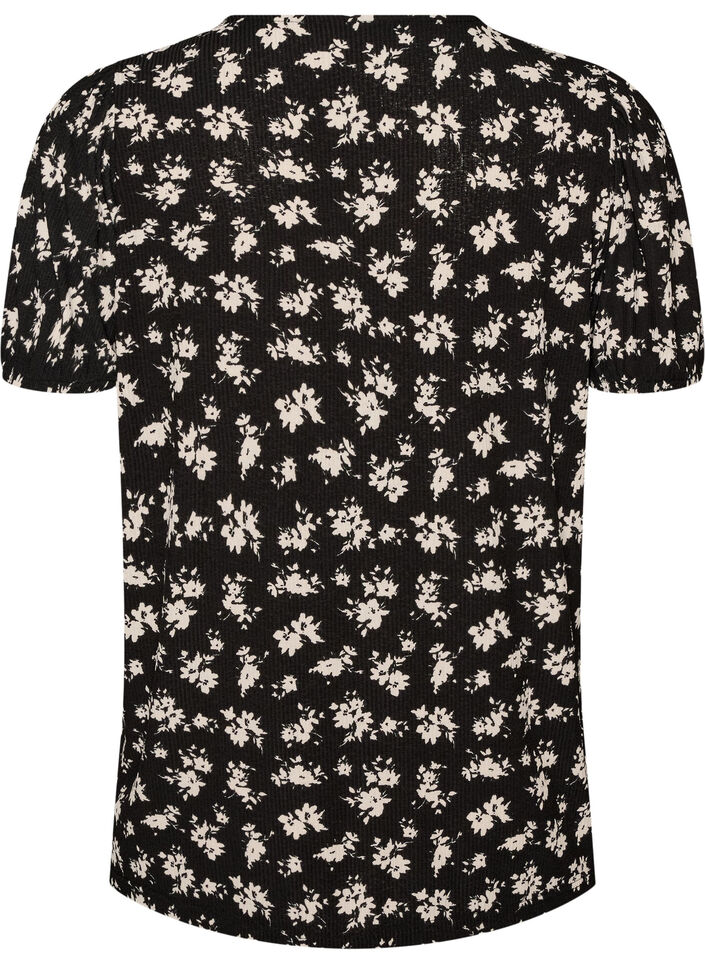 Bluse med korte &aelig;rmer og blomsterprint, Sort, Packshot image number 1