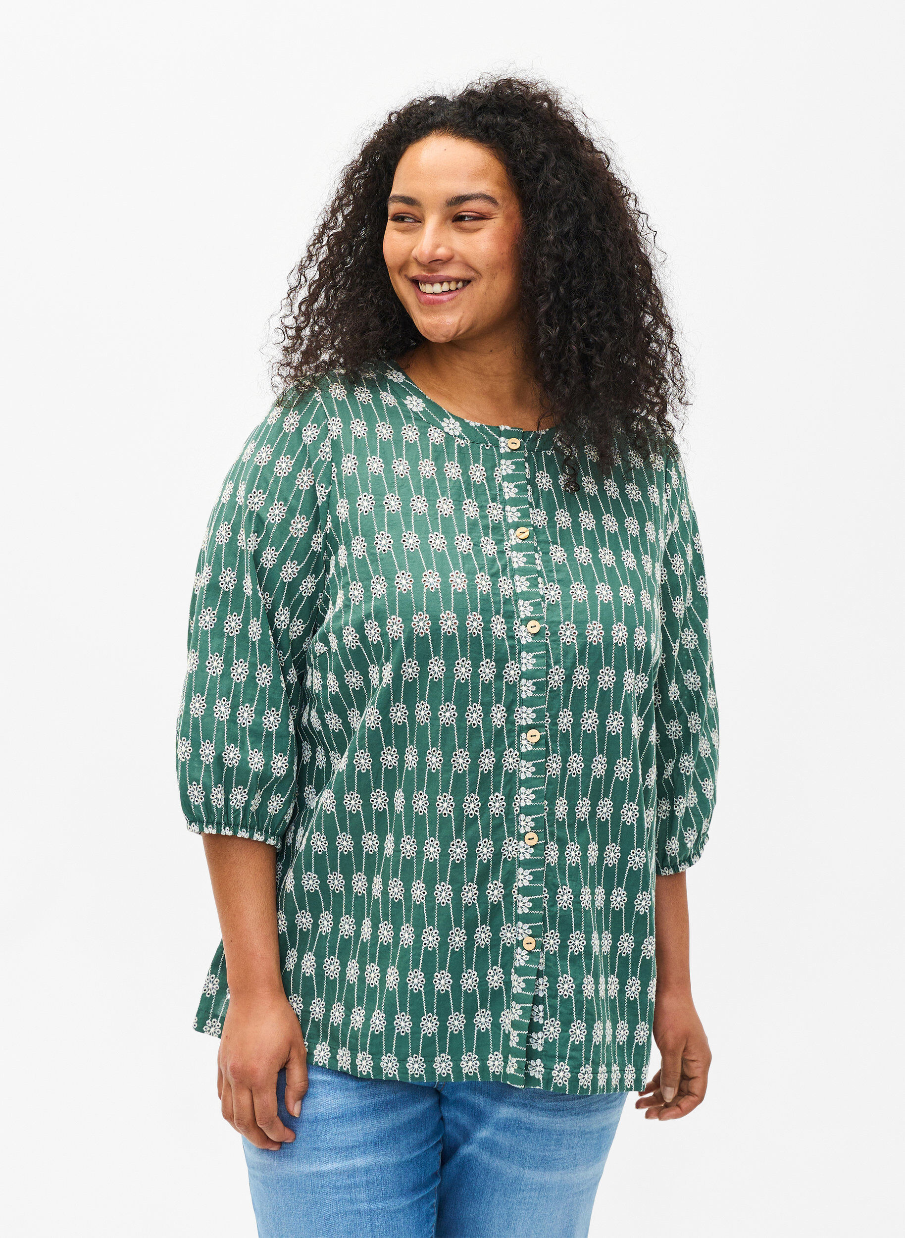 Zizzi Skjortebluse i bomuld med blomsterm&oslash;nster, Dark Forest, Model image number 0