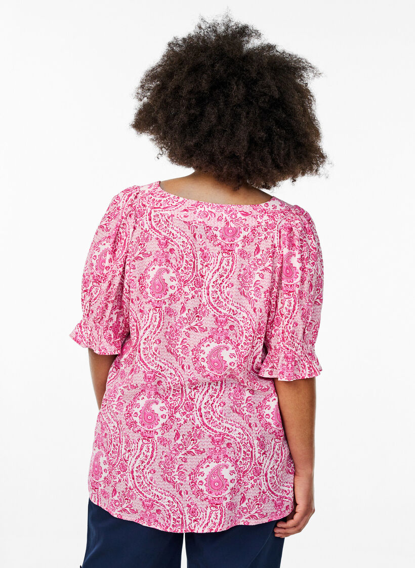 Viskosebluse med paisleyprint og firkantet udsk&aelig;ring, Lyser&oslash;d, Model image number 2