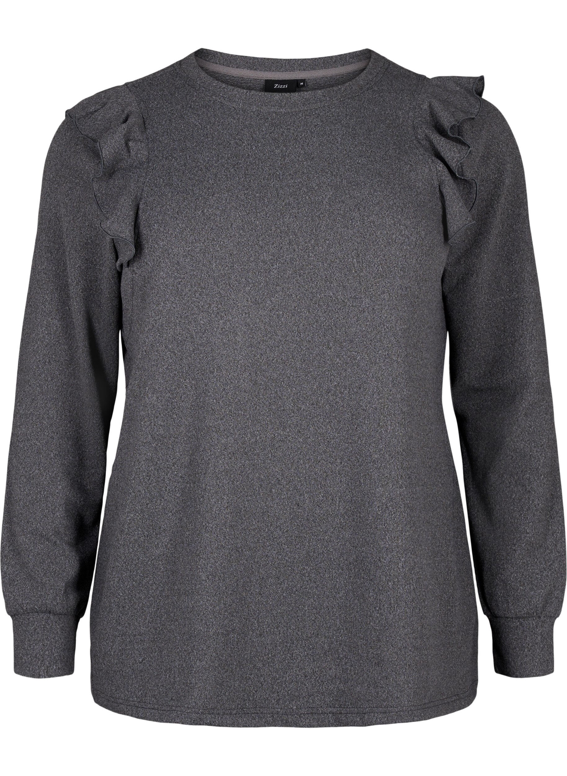 Zizzi Lang&aelig;rmet bluse med fl&aelig;sedetaljer, Dark Grey Melange, Packshot image number 0