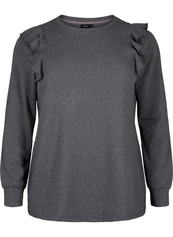 Langærmet bluse med flæsedetaljer, Dark Grey Melange, Packshot image number 0