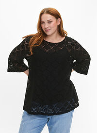 Crochet bluse med 3/4 ærmer , Black, Model