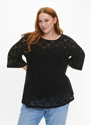 Crochet bluse med 3/4 ærmer , Black, Model image number 0