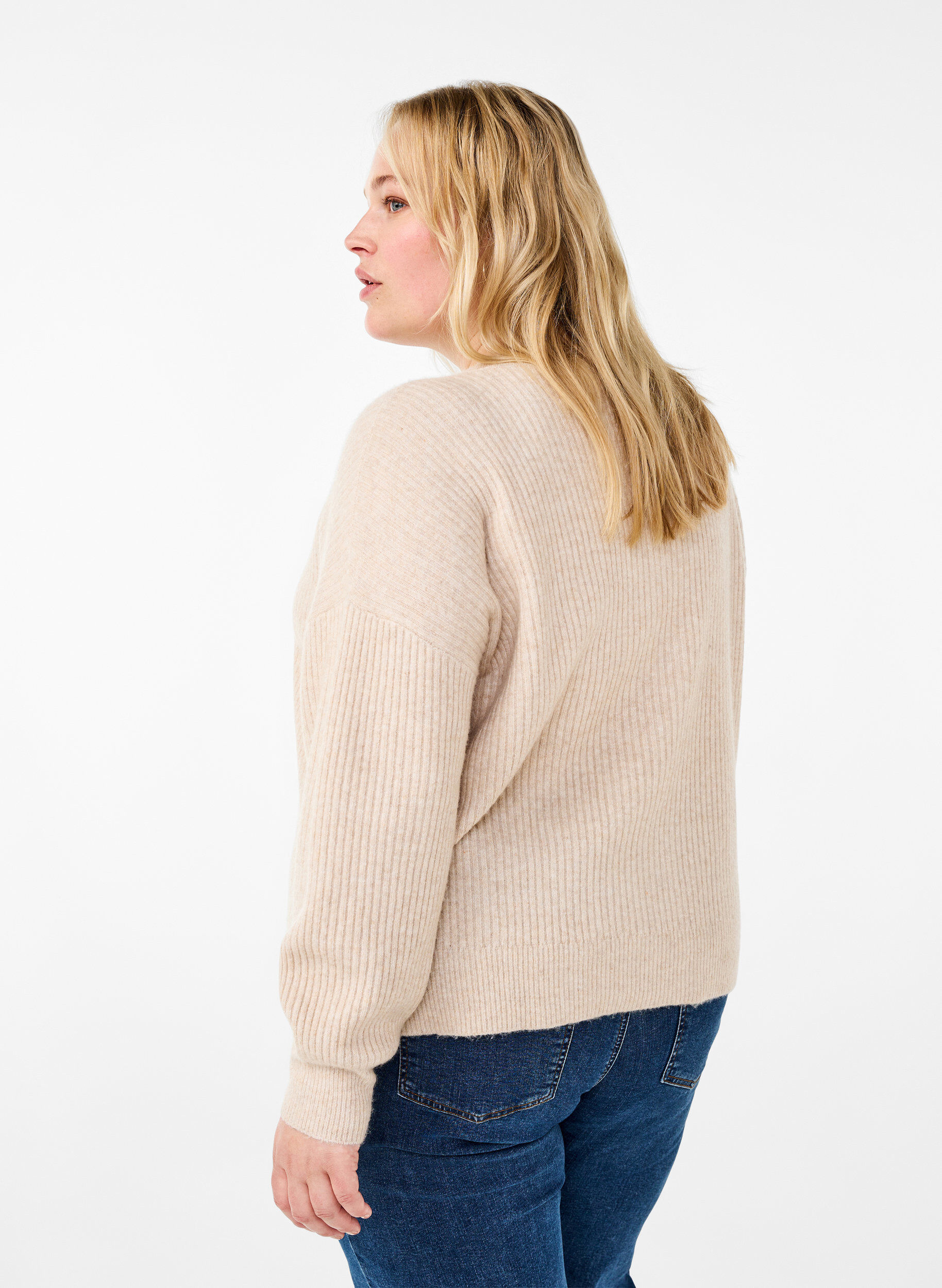 Zizzi Ribstrikket cardigan med knapper, Beige, Model image number 2