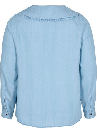 Skjorte med stor krave og flæsedetaljer, Light blue denim, Packshot image number 1