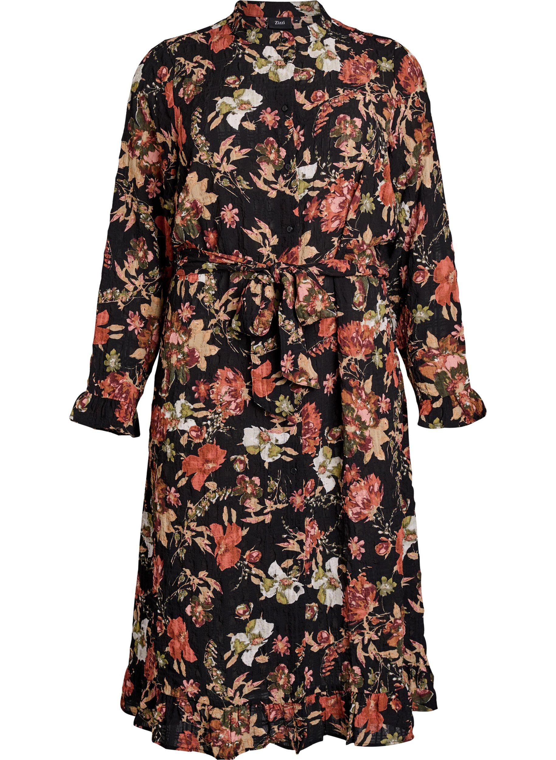 ZizziMidikjole med blomsterprint og aftageligt bindeb&aelig;lte, Sort, Packshot image number 0