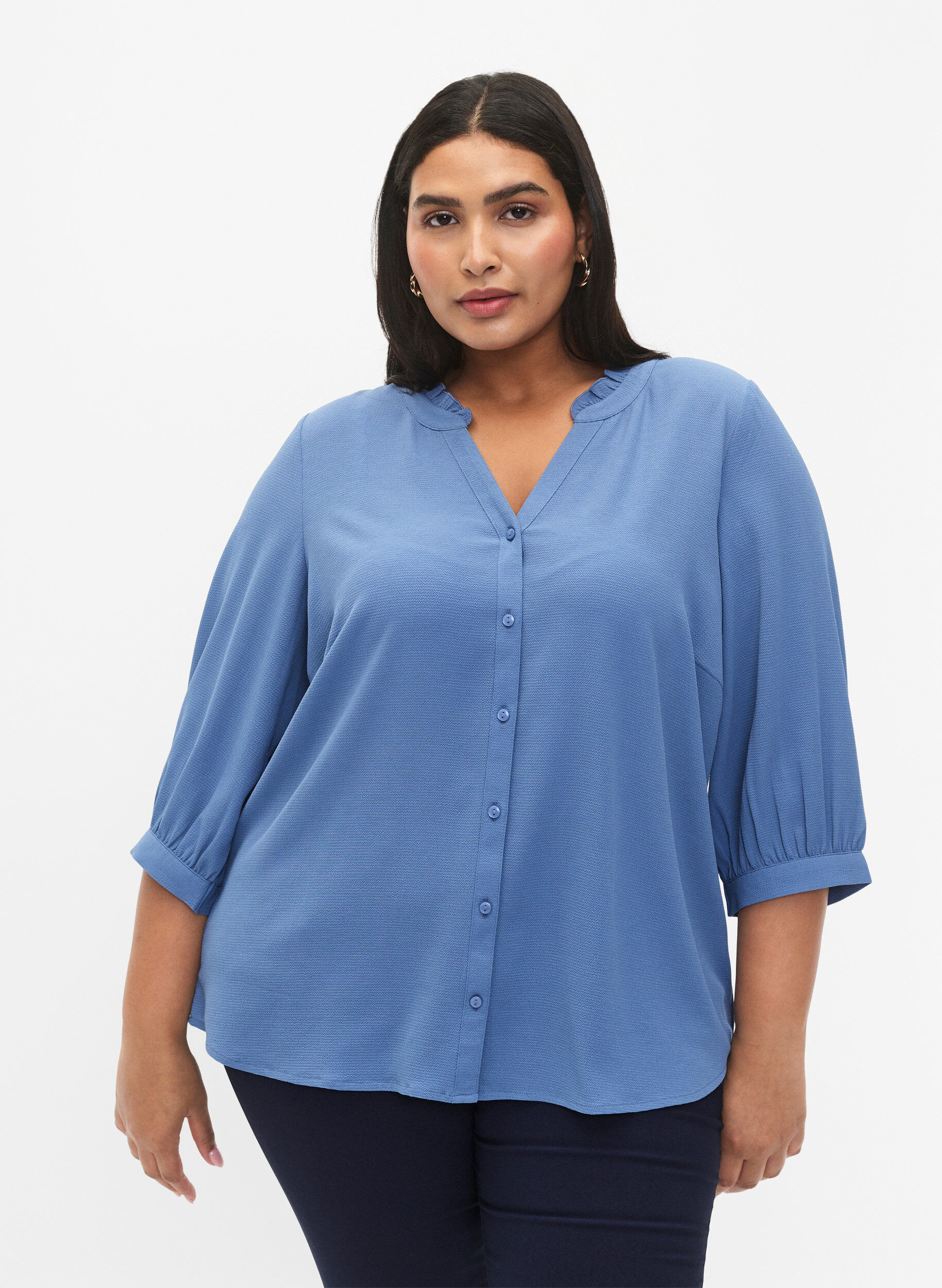 Zizzi Skjortebluse med 3/4 &aelig;rmer og fl&aelig;sekrave, Moonlight Blue, Model image number 0
