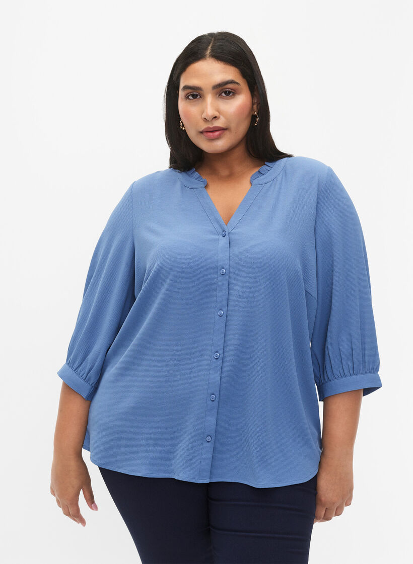 Skjortebluse med 3/4 ærmer og flæsekrave, Moonlight Blue, Model image number 0