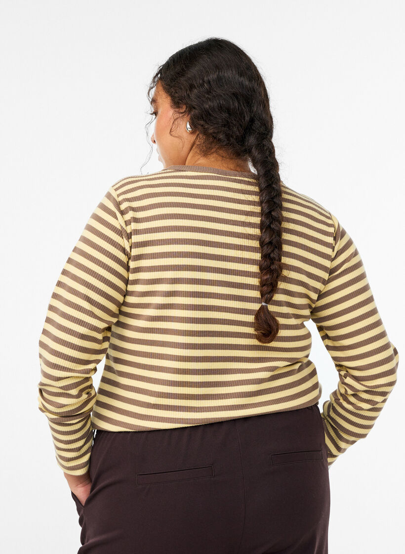 Stribet bluse med lange &aelig;rmer, Brun, Model