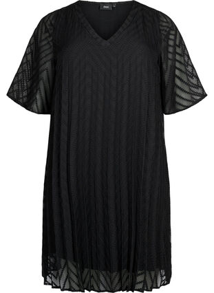 Kortærmet kjole med struktur, Black, Packshot image number 0