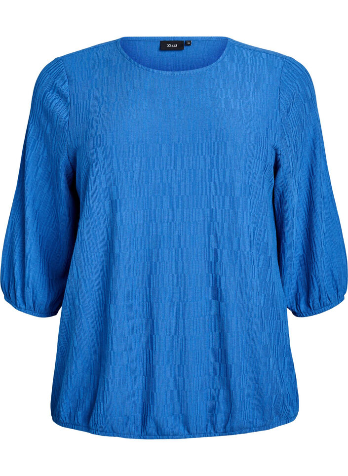 Bluse med struktur og 3/4 &aelig;rmer., Bl&aring;, Packshot image number 0