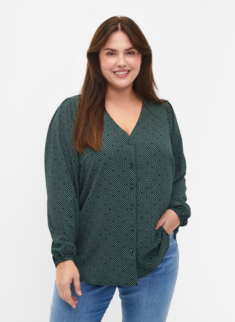 Skjortebluse med v-hals og print, Scarab Graphic AOP, Model image number 0