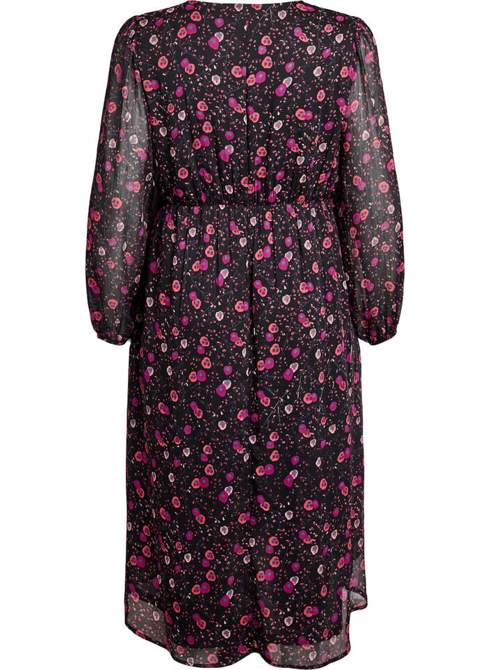 Kjole i chiffon med blomsterprint og lange &aelig;rmer, Sort, Packshot image number 1