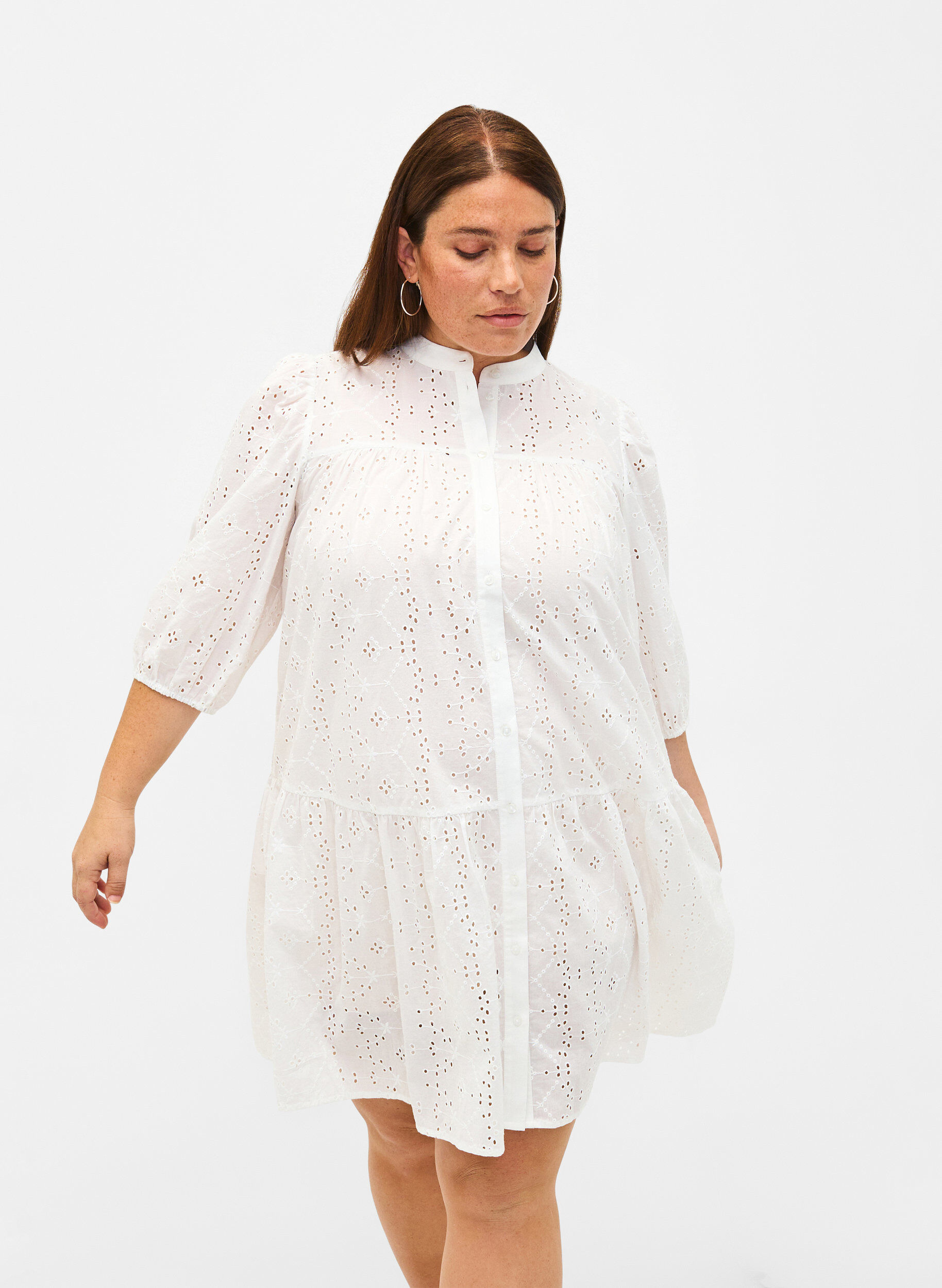 Zizzi Broderi anglaise skjortekjole i bomuld, Bright White, Model image number 0