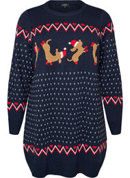 Kort strikkjole med julemotiv, Bl&aring;