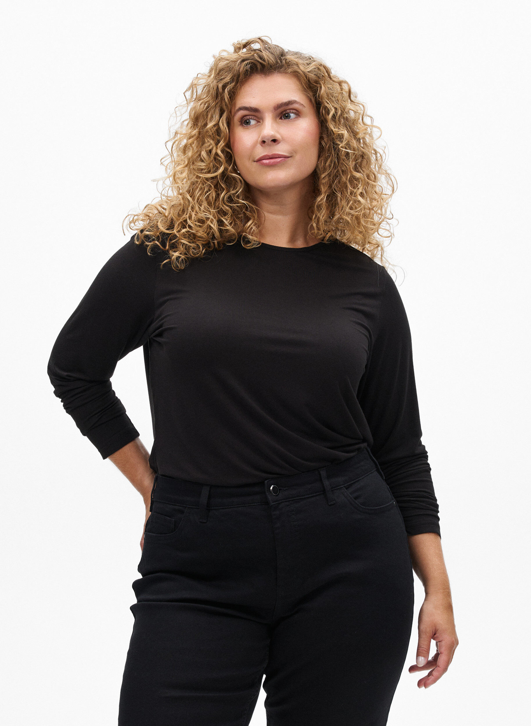 ZizziEnsfarvet bluse med lange &aelig;rmer, Sort, Model image number 0