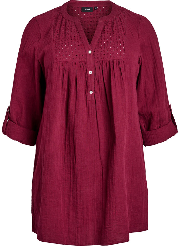 Tunika i bomuldsmusselin med broderi anglaise, M&oslash;rk Bordeaux, Packshot image number 0