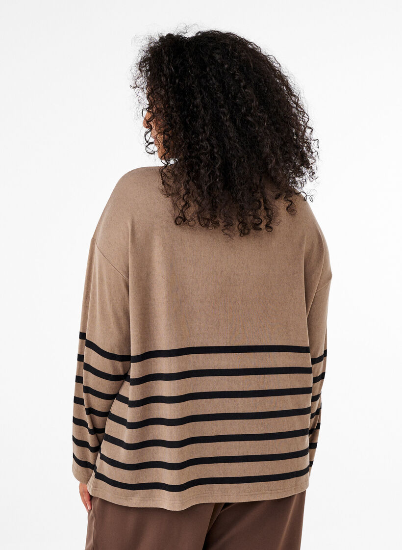 Langærmet bluse med striber og høj hals, Beige, Model image number 2