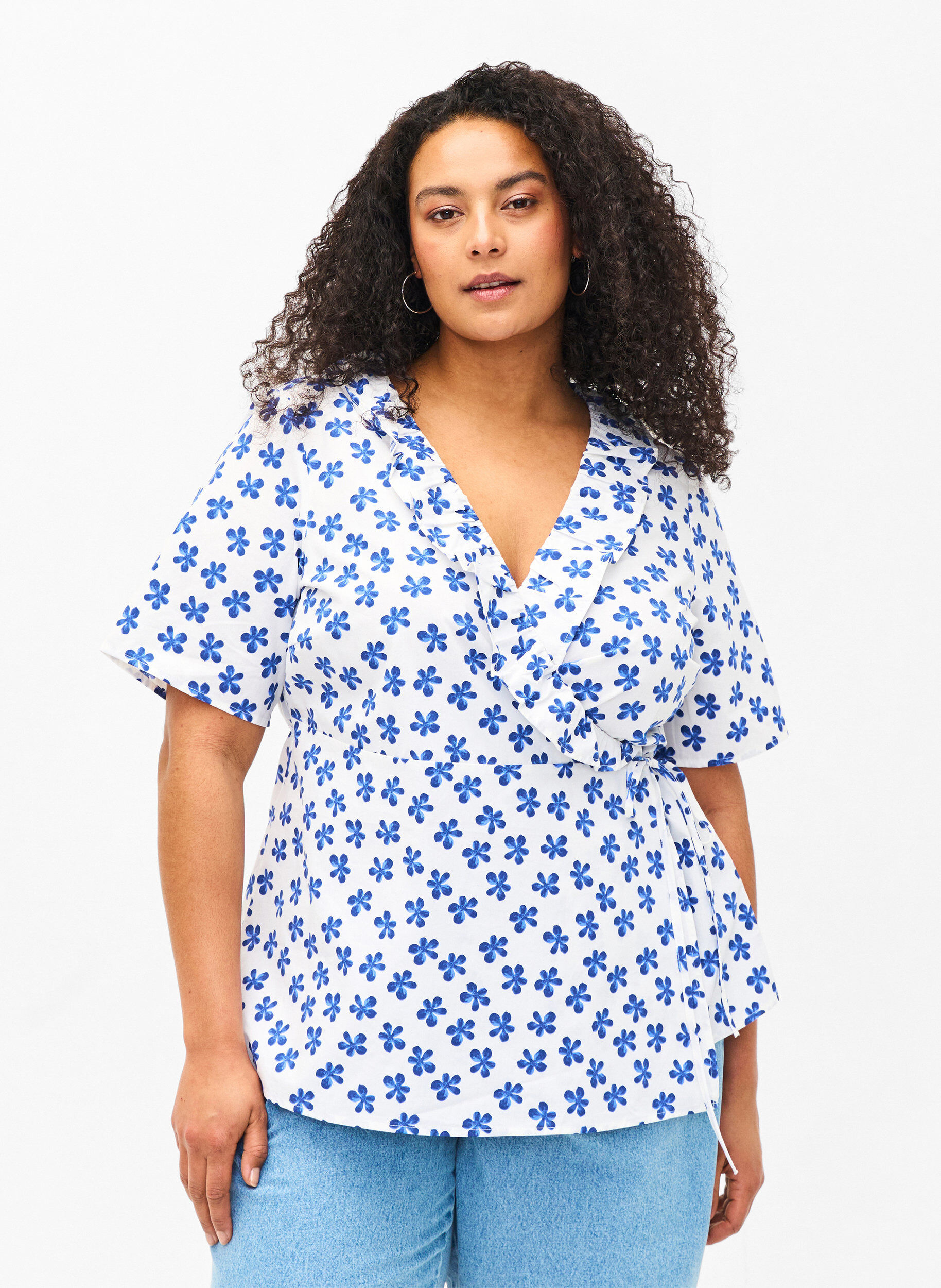 Wrapbluse i bomuld med blomsterprint, B.White/Small Flower, Model