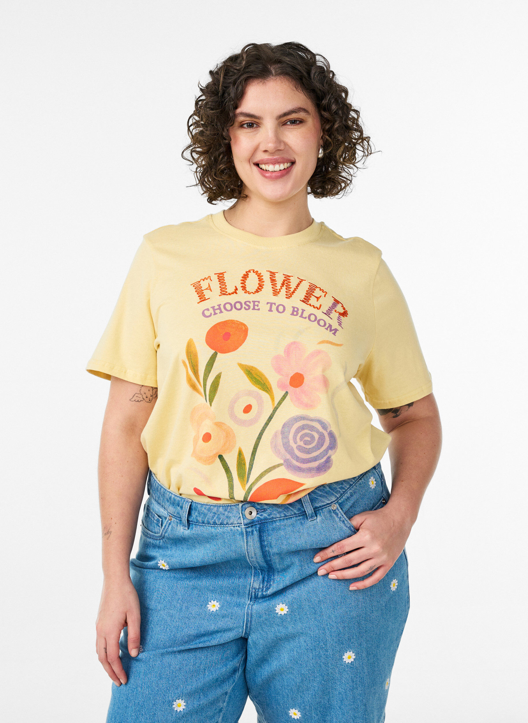 T-shirt i bomuld med print, Gul, Model